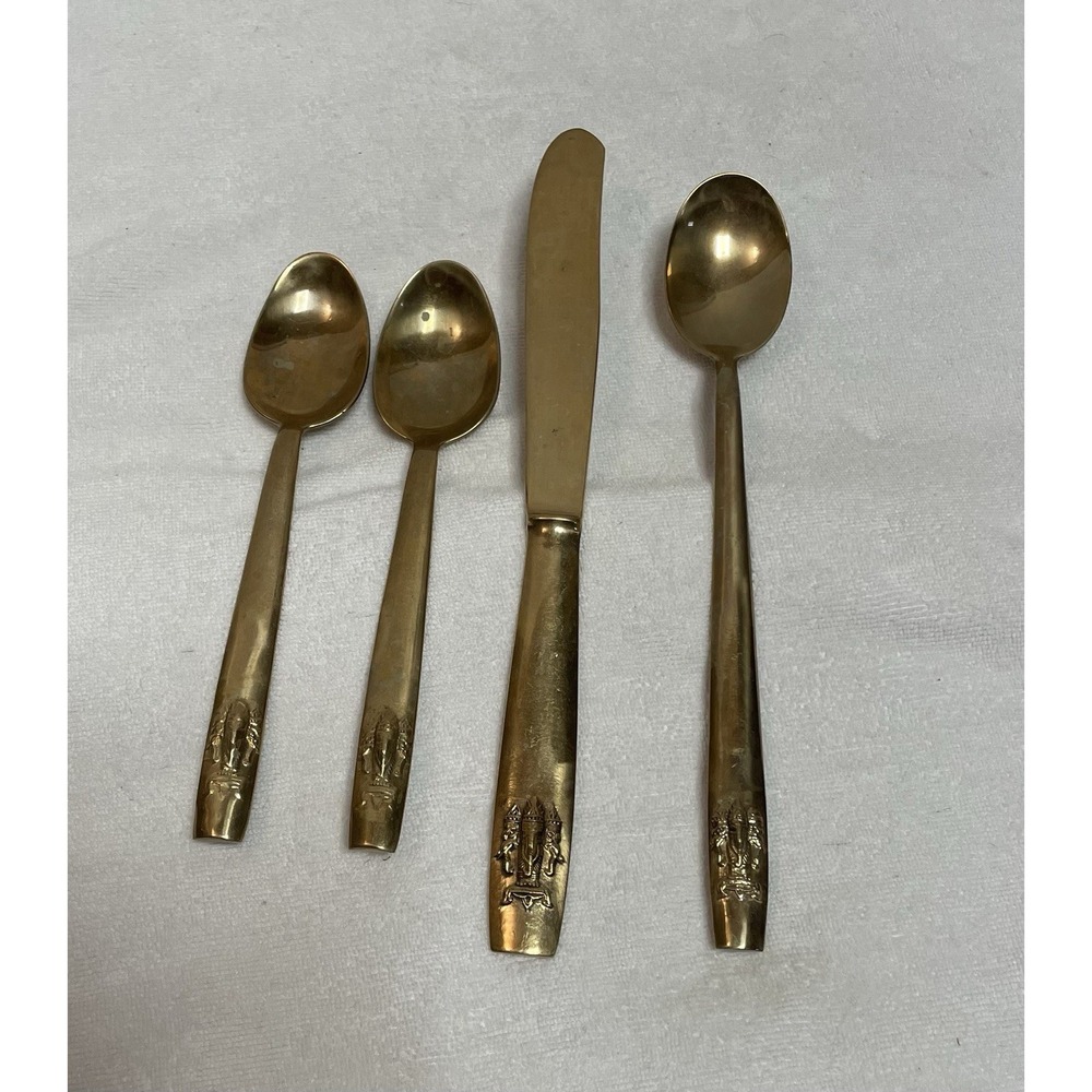 Bronze Ware Flatware 4 Piece 3 Head Elephant Design Bronze Knife Spoons Vtg Siam